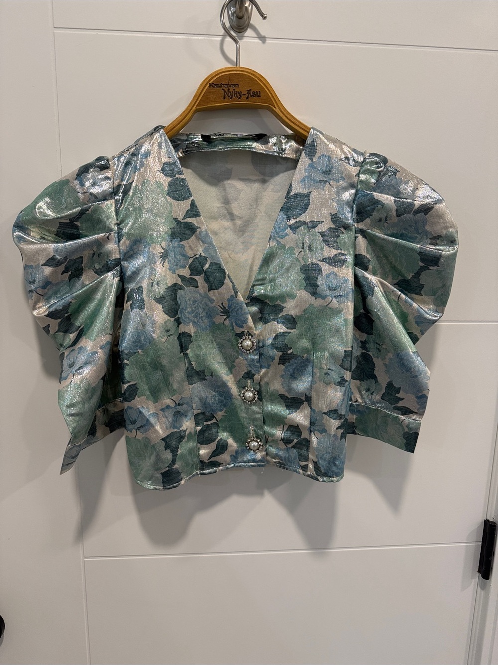 Zara Metallic Floral Puff-Sleeve Crop Top - Green/Blue